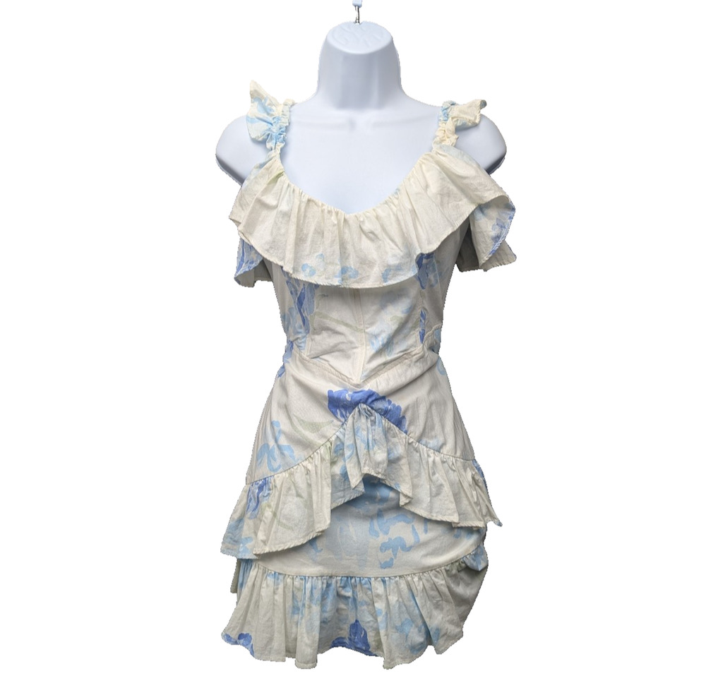 Sabo Mini Dress Womens 8 Blue Floral Coastal Preppy Ruffle Summer Event Flirty